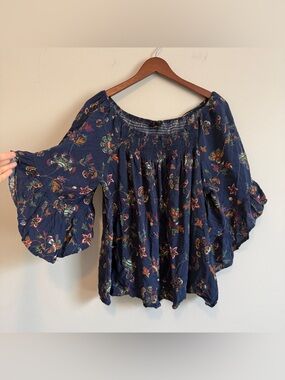 Floral Smocked Blouse Women 2X Navy Blue Boho Ruffle Flowy Cottagecore Feminine